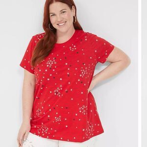 Lane Bryant Cotton Red Embroidered Stars Graphic Tee Shirt Top Size 18/20